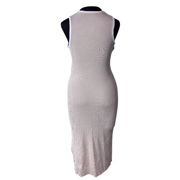 Sleeveless Ribbed Midi Dress With Cutout Waist Side Slit & Contrast Trim In Beig - Picture 3 of 11